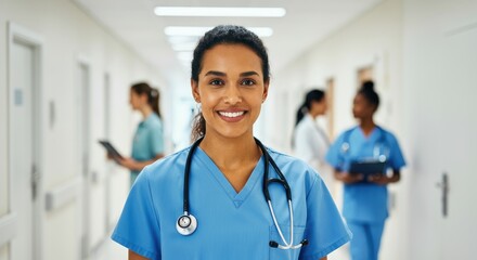 Smiling female nurse in scrubs with stethoscope hospital corridor