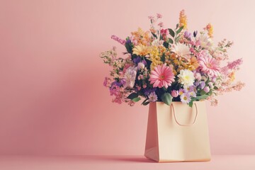 Beautiful Blooming Flower Bouquet in a Cream Paper Bag on Soft Pink Background