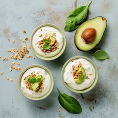 Creamy avocado yogurt served with crunchy cereal on a clean surface for a fresh experience