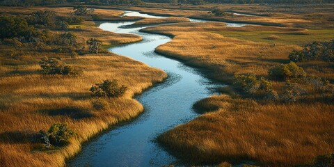 Obraz premium Winding river flows through golden marshlands under a bright sky in a serene landscape at sunrise
