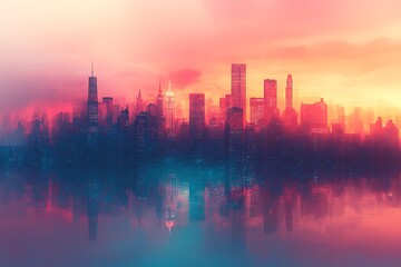 Dreamlike Cityscape at Sunset Reflective Urban Skyline Illustration