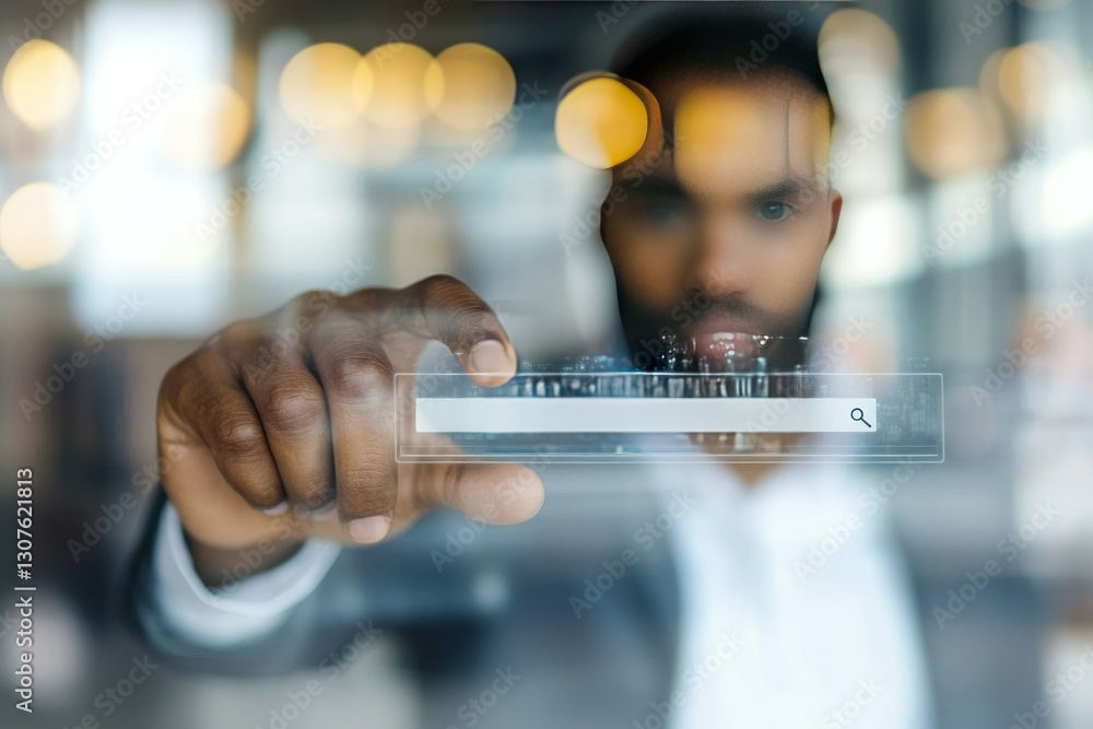 Poster businessman using search bar on transparent screen with blurred background features