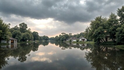 Obraz premium Calm River Reflecting Overcast Sky with Lush Greenery