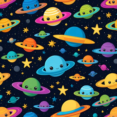 Obraz premium Alien spaceships with cartoon faces float in a starry night sky filled with colorful stars and planets