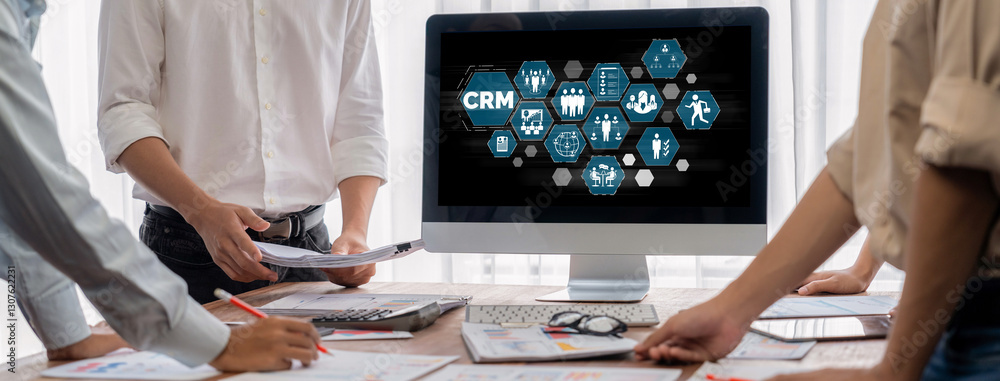 Poster customer relationship management system on brisk computer for crm business and enterprise