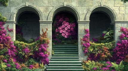 Fototapeta premium Vibrant flowers bloom softly illuminating stone arches steps. AI Generated