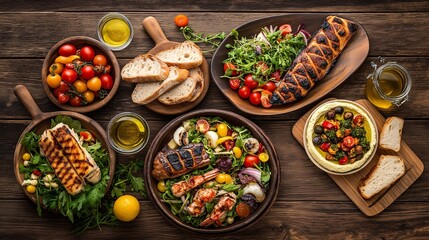 Assorted Mediterranean feast served on rustic wood table setting