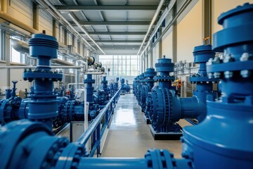 Industrial Water Pumping Station with Blue Pumps and Bright Natural Light in Modern Facility
