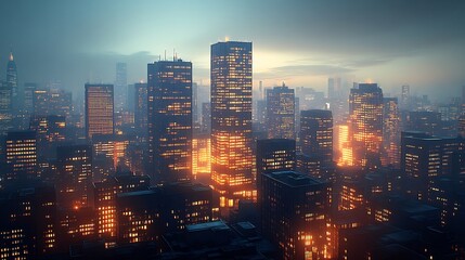 Fototapeta premium Futuristic Cityscape Dramatic Sunset Warm Light. AI Generated
