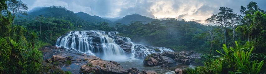 Fototapeta premium A captivating waterfall gracefully flows through the verdant rainforest, creating a serene and breathtaking natural scenery.