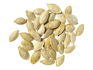 A scattering of pale beige pumpkin seeds, captured from a highangle shot against a pristine white background.  This image evokes feelings of natural abundance and healthy eating.