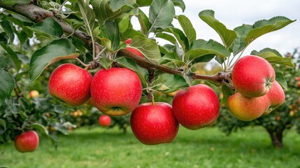 Obraz premium Apple trees are abundant with ripe red fruit, creating a stunning landscape in autumn against rolling hills and colorful foliage