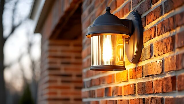 A wall-mounted outdoor light fixture illuminating a brick wall during twilight. Concept Wall-mounted Lighting, Outdoor Illumination, Twilight Ambiance, Brick Wall Aesthetics, Modern Exterior Design