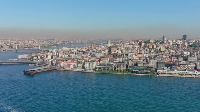 Istanbul, Turkey: Aerial view of famous Turkish city straddling Bosphorus Strait, summer day with clear blue sky - landscape panorama of Europe / Asia from above
