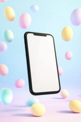 Levitating composition of phone with blank white screen and pastel Easter eggs on light blue background. Smartphone mockup