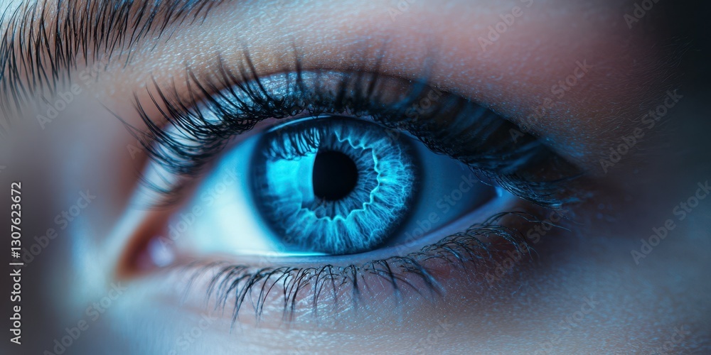 Poster close-up view of a human eye highlighting unique blue details and intricate patterns in natural ligh
