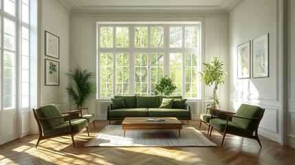 Fototapeta premium Spacious Modern Living Room with Natural Light, A modern, spacious living room featuring a green sofa, wooden coffee table