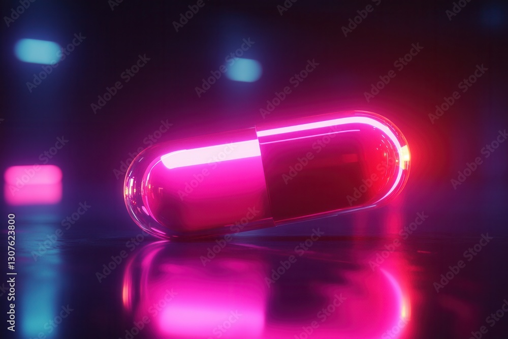 Leinwandbilder neon cyberpunk pill floating in a dark void with futuristic lighting in a high tech aesthetic genera