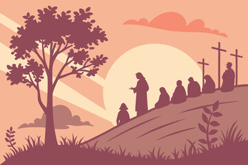 Silhouettes of Jesus Christ the prophet with his disciples on the mountain. The concept of the Easter holiday.