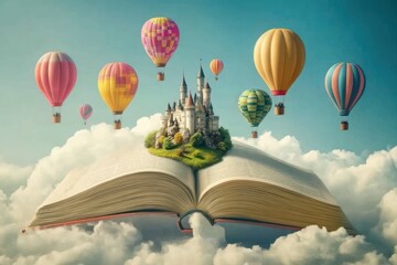 Dreamlike Scene with Hot Air Balloons Floating Above an Open Book Illustrating a Fantasy Castle