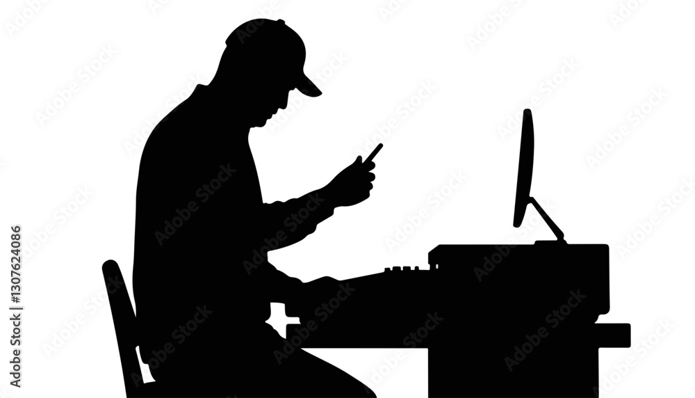 Poster silhouette of man working on computer