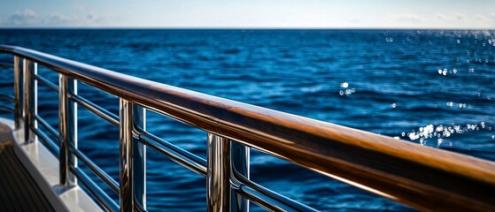 A yacht railing with a wooden handrail overlooking the ocean