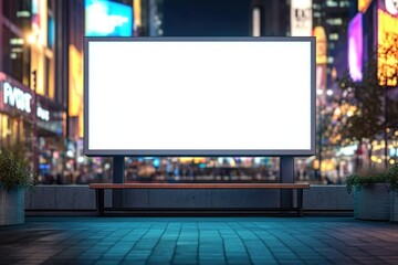Empty Billboard Display in Urban Cityscape at Night with Vibrant Background Lights