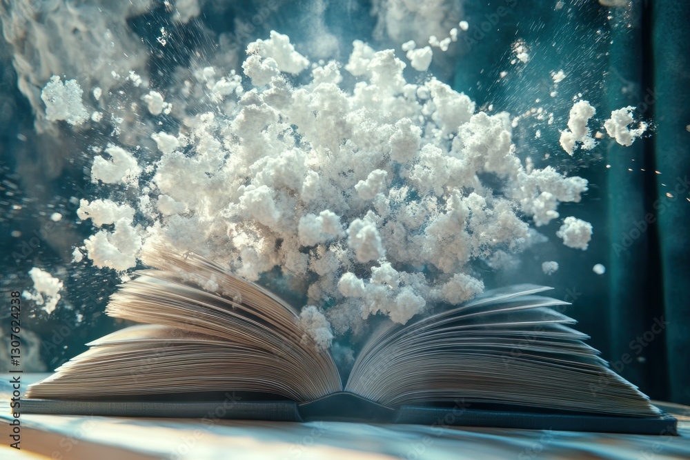 Poster exploding book with clouds of white dust and smoke in captivating conceptual imagery
