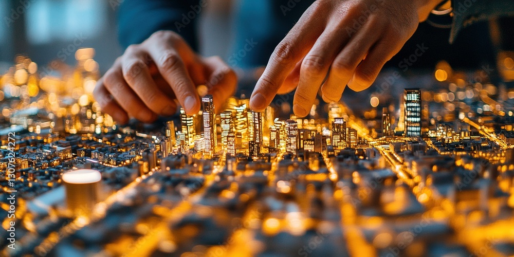 Poster hands examining a detailed city model showcasing urban architecture and lighting effects in a modern
