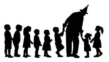 Obraz premium Children lining up with a clown against a white background