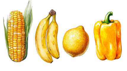 Minimalist Yellow Fruit Set. Yellow Fruits Watercolor Collection. Hand-Painted Yellow Fruits Illustration. Artistic Yellow Fruits Set. Isolated on white.