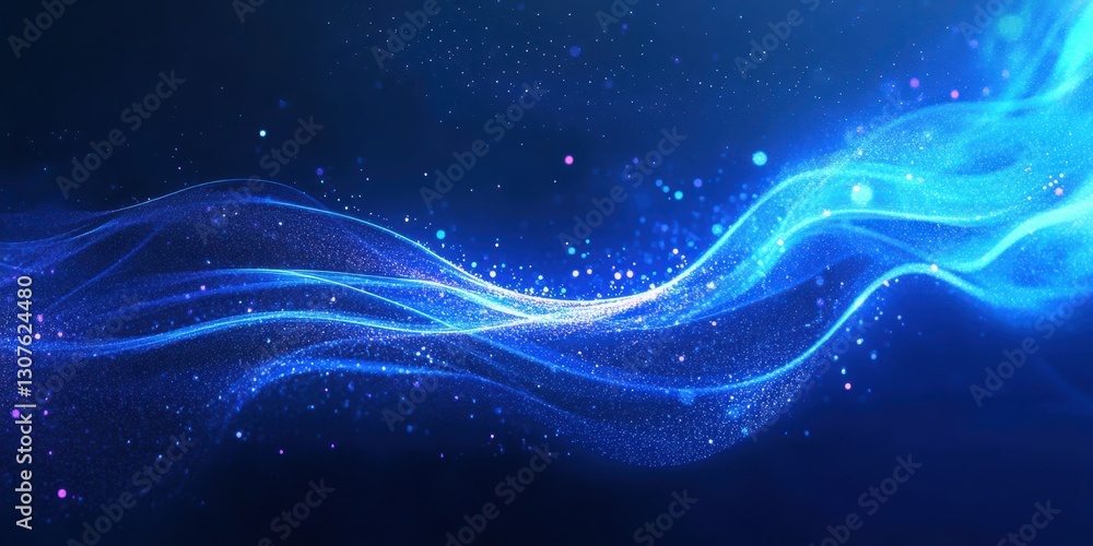 Poster vibrant blue abstract waves with sparkling particles create a mesmerizing visual effect in a dark se