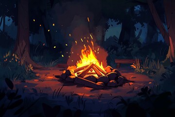 Forest Campfire: A Warm, Nighttime Digital Painting