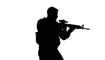 Silhouette of armed man aiming a rifle against a white background