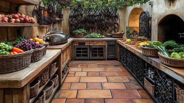 A tuscan vineyard outdoor kitchen with rustic terracotta floors