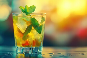 Refreshing Mojito Cocktail with Mint and Ice Cubes on Sunset Background in Glass