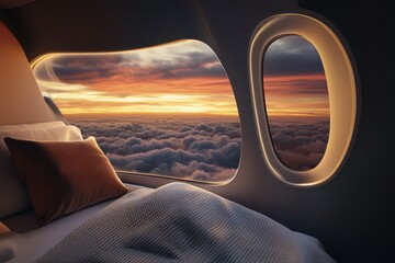 Fototapeta premium Cozy Bedroom with Luxurious Window View Over Serene Clouds at Sunrise