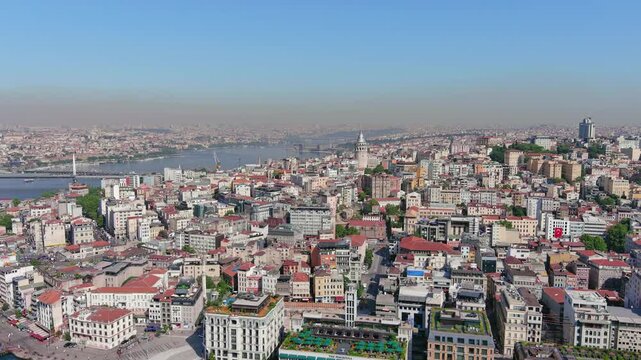 Istanbul, Turkey: Aerial view of famous Turkish city straddling Bosphorus Strait, summer day with clear blue sky - landscape panorama of Europe / Asia from above

