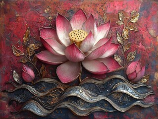 Flowering Lotus Blossom, Displaying Ornamental Graceful Petals, Surrounded By Lush Green Leaves And Reflective Water Waves, In A Serene Artistic Composition