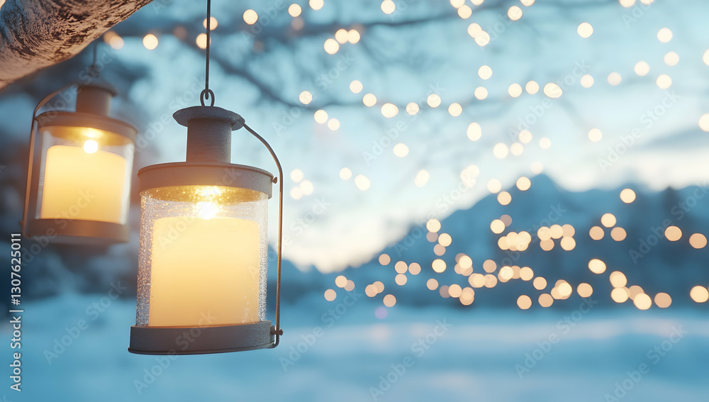 Aufkleber illuminated lanterns hanging from a snowy tree branch, set against a bokeh backdrop of mountains and