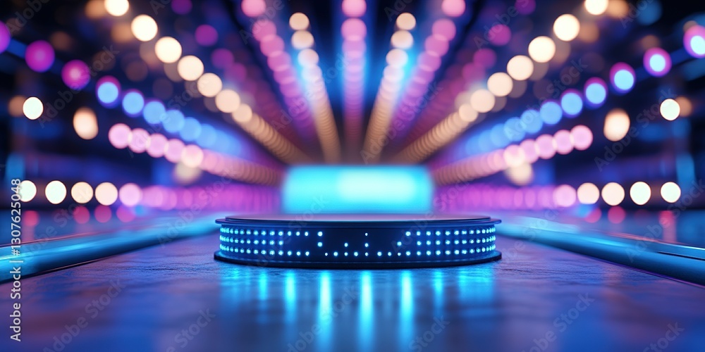Poster lighting design showcases vibrant colors in a modern performance space with an illuminated stage
