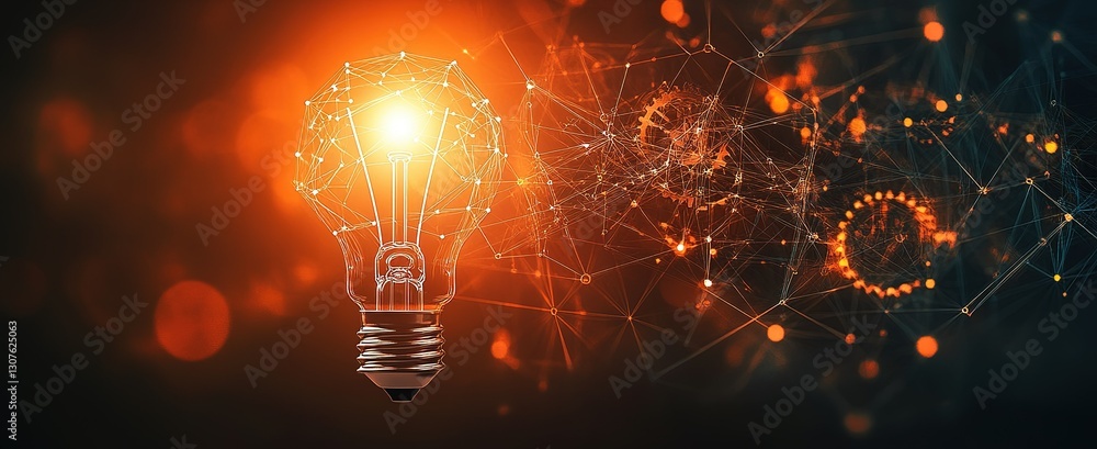 Poster light bulb glowing with abstract energy patterns and connected nodes in a dark background during a c