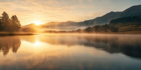 Fototapeta premium Lake sunset with mountain