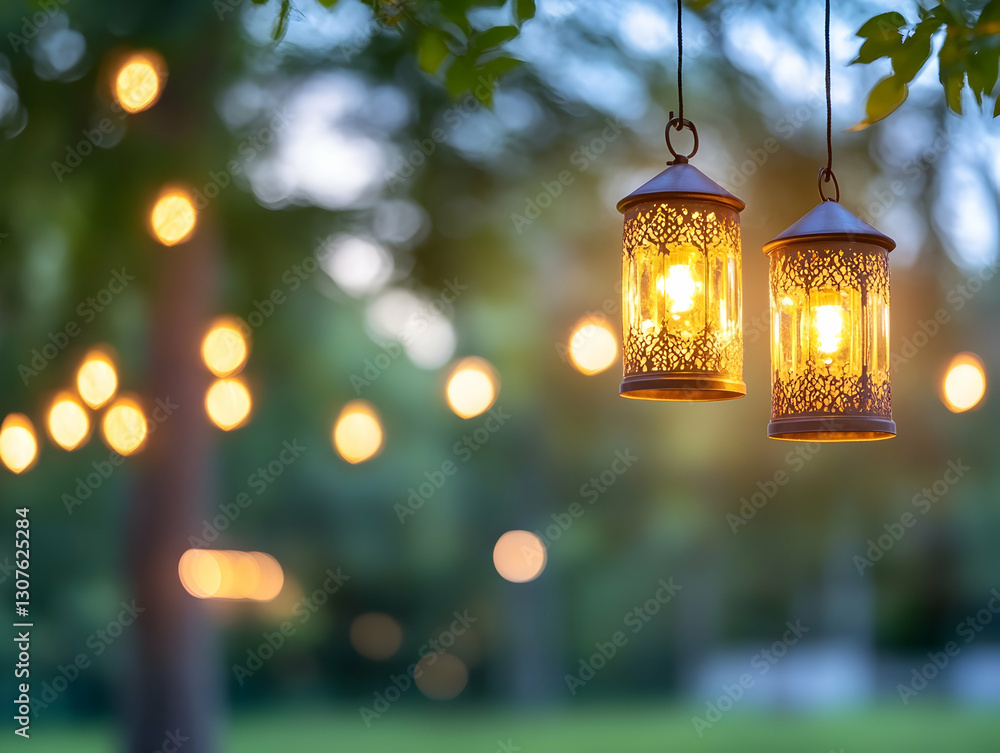 Poster illuminated lanterns hanging from a tree branch at dusk, creating a warm ambiance in a garden settin