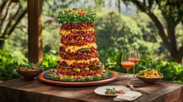 Towering mexican tlayuda feast outdoors with fresh vegetables and spices
