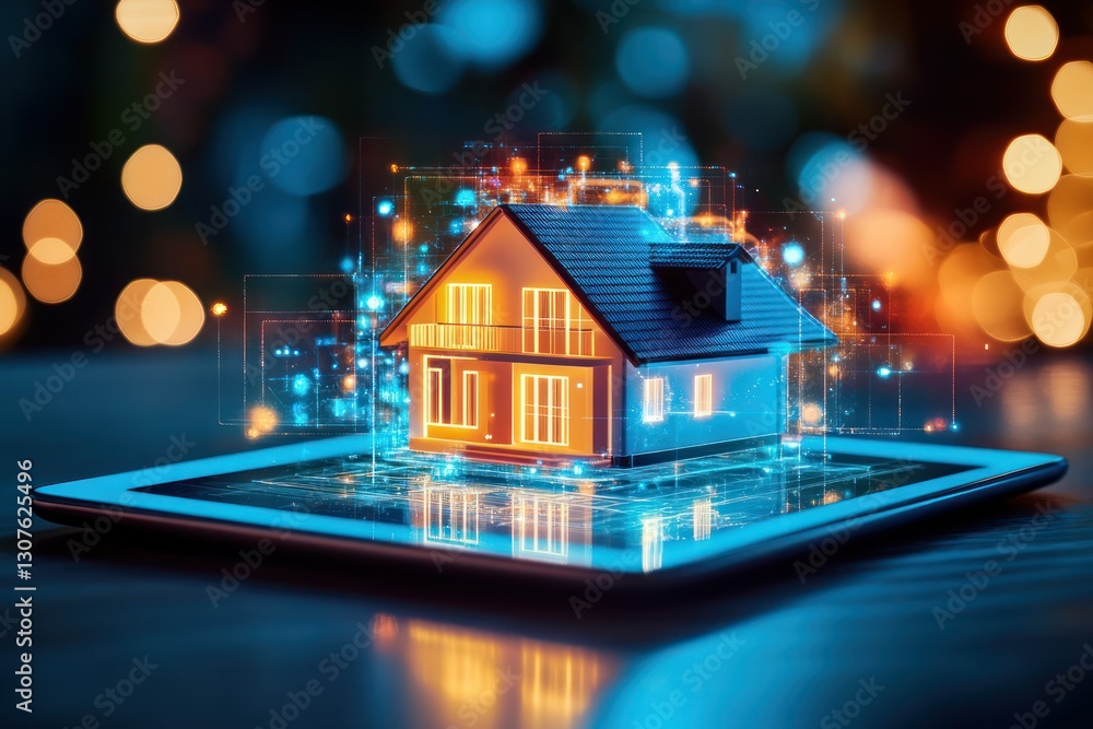 Poster digital model of house with bright lights and abstract background on a tablet device