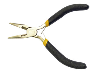 Closeup of longnose pliers with black and yellow handles against a white background.  Ideal for DIY, crafting, repair, and tool concept imagery.