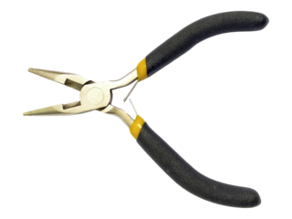 Closeup of longnose pliers with black and yellow handles against a white background.  Ideal for DIY, crafting, repair, and tool concept imagery.