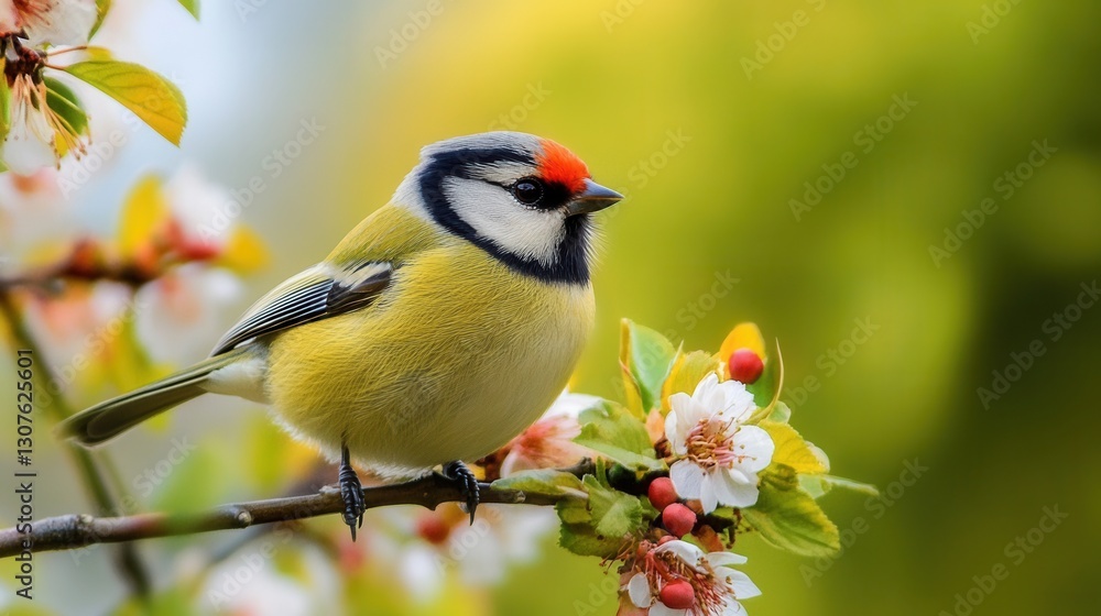 Leinwandbilder bird perched on a flowering branch during springtime surrounded by vibrant greenery generative ai