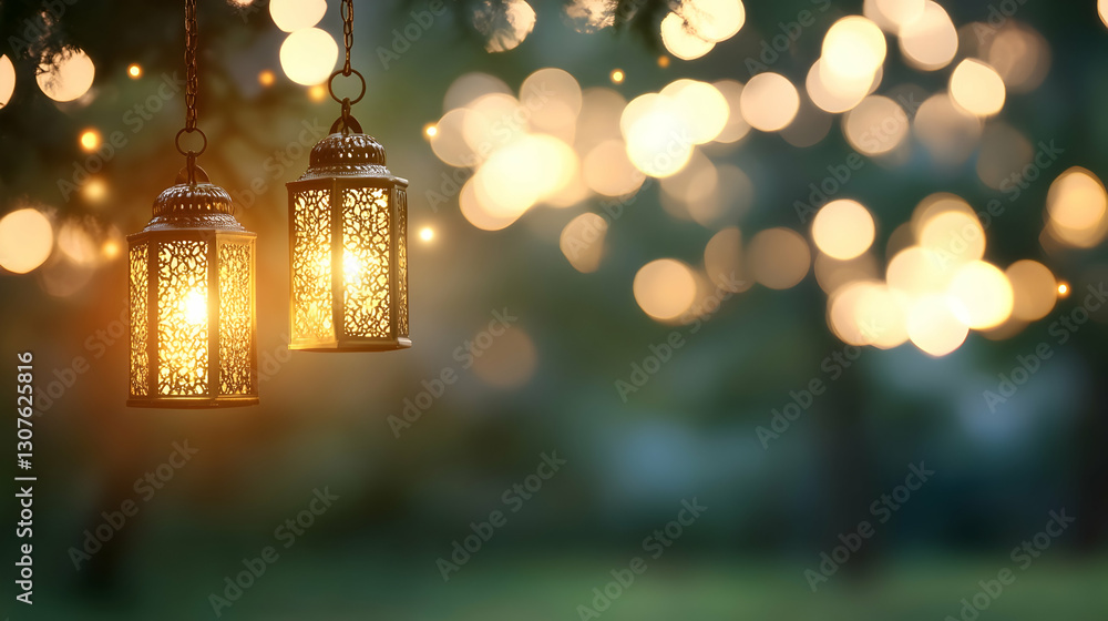 Aufkleber illuminated lanterns hanging from a tree branch at twilight in a park, creating a magical ambiance; 
